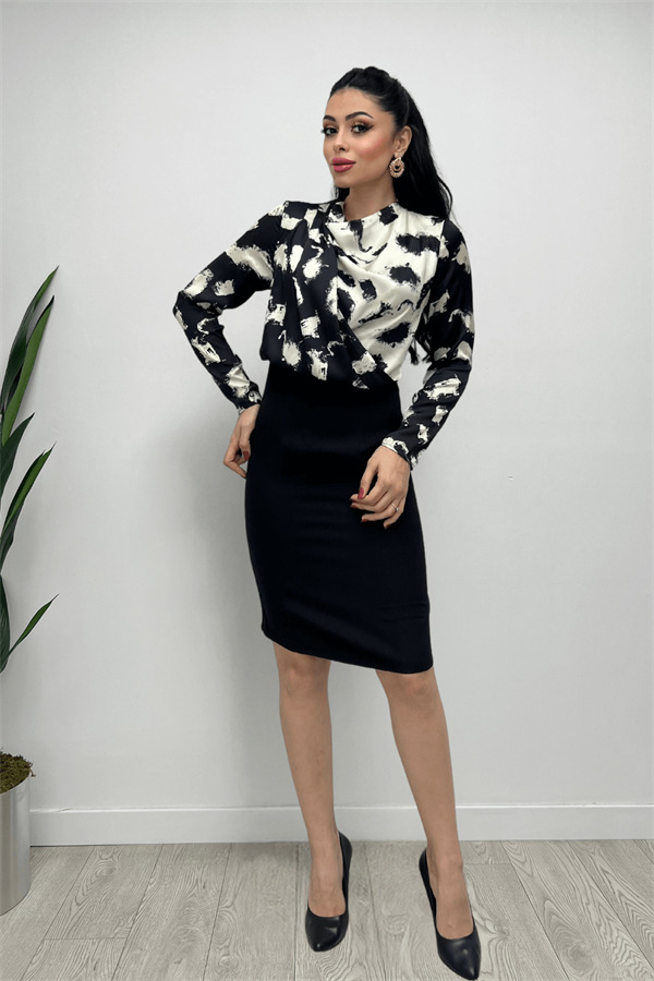 Double Kumaş Şifon Saten Elbise - SİYAH - 1