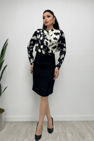 Double Kumaş Şifon Saten Elbise - SİYAH - 6