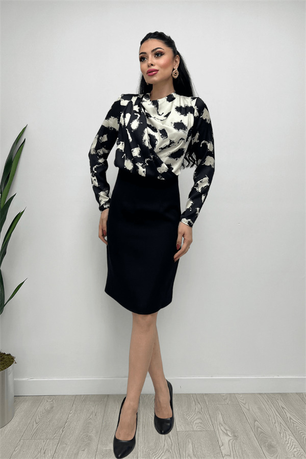 Double Kumaş Şifon Saten Elbise - SİYAH - 6