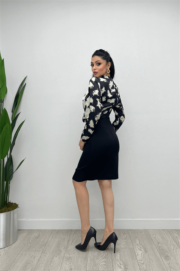 Double Kumaş Şifon Saten Elbise - SİYAH - 7