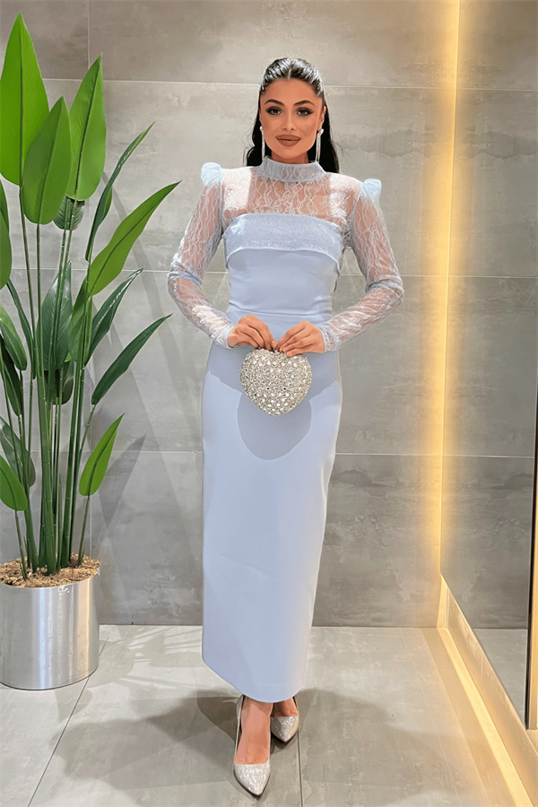 Double Kumaş Straplez Dantel Bolero Detaylı Elbise - BEBE MAVİSİ - 1