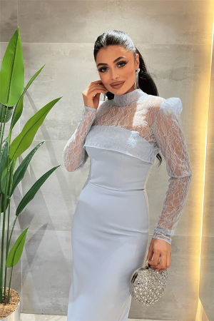 Double Kumaş Straplez Dantel Bolero Detaylı Elbise - BEBE MAVİSİ - 4