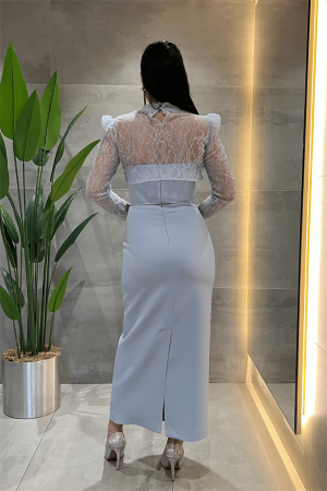 Double Kumaş Straplez Dantel Bolero Detaylı Elbise - BEBE MAVİSİ - 5