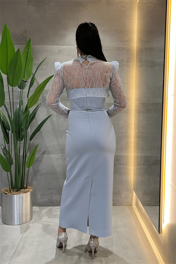 Double Kumaş Straplez Dantel Bolero Detaylı Elbise - BEBE MAVİSİ - 5
