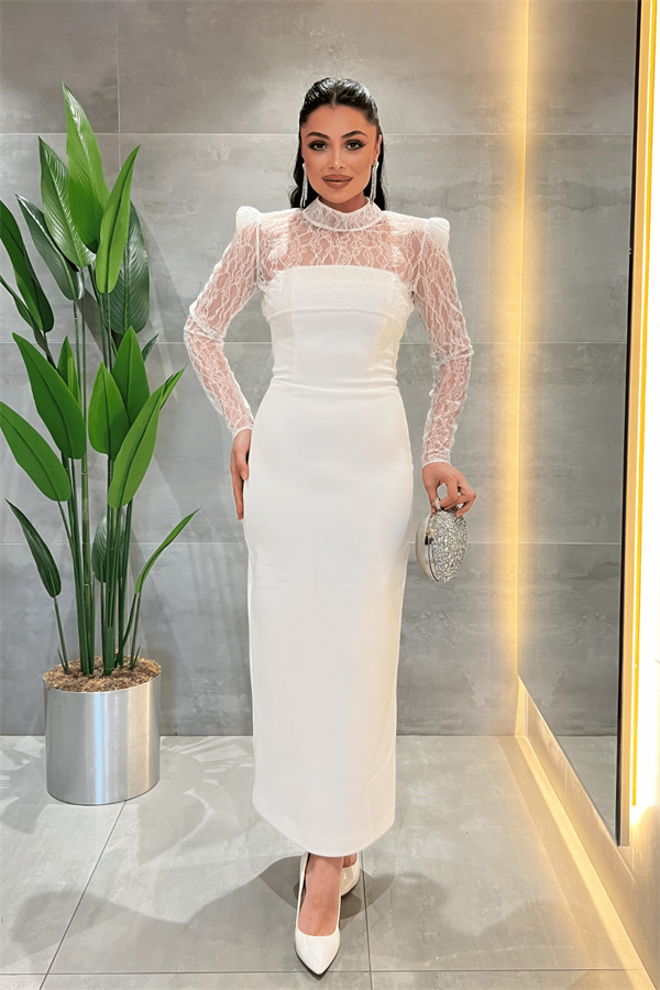 Double Kumaş Straplez Dantel Bolero Detaylı Elbise - BEYAZ - 1