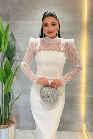 Double Kumaş Straplez Dantel Bolero Detaylı Elbise - BEYAZ - 3