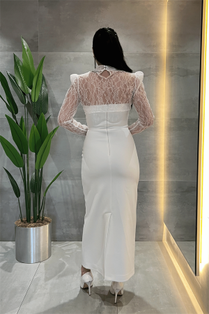 Double Kumaş Straplez Dantel Bolero Detaylı Elbise - BEYAZ - 5