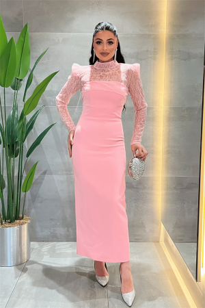 Double Kumaş Straplez Dantel Bolero Detaylı Elbise - PEMBE - Angelino Moda