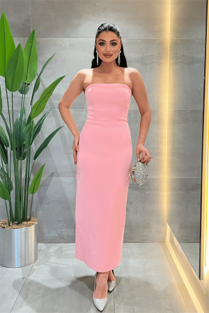 Double Kumaş Straplez Dantel Bolero Detaylı Elbise - PEMBE - Angelino Moda (1)