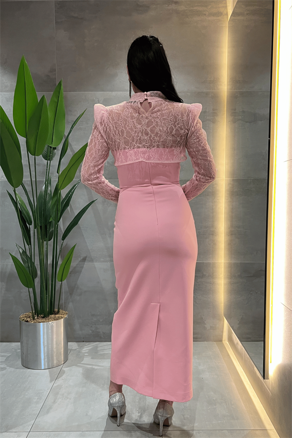 Double Kumaş Straplez Dantel Bolero Detaylı Elbise - PEMBE - 5