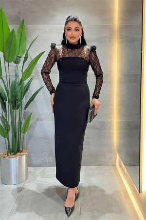Double Kumaş Straplez Dantel Bolero Detaylı Elbise - SİYAH - Angelino Moda
