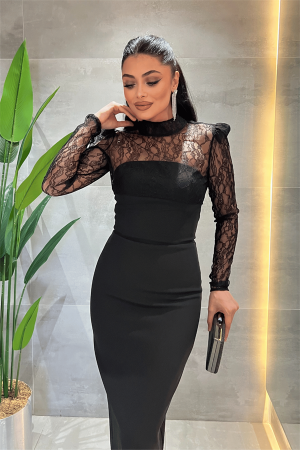 Double Kumaş Straplez Dantel Bolero Detaylı Elbise - SİYAH - 3
