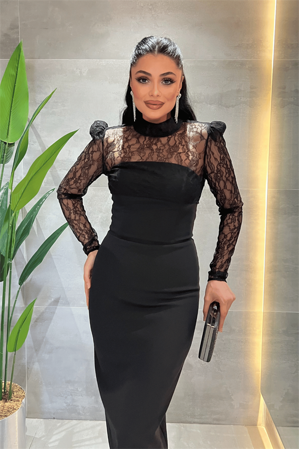 Double Kumaş Straplez Dantel Bolero Detaylı Elbise - SİYAH - 4