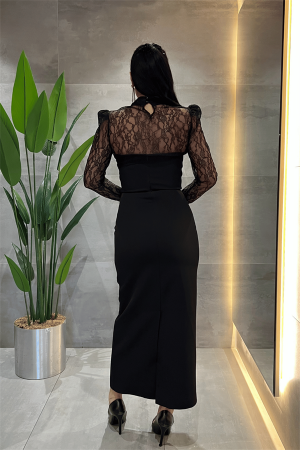 Double Kumaş Straplez Dantel Bolero Detaylı Elbise - SİYAH - 5