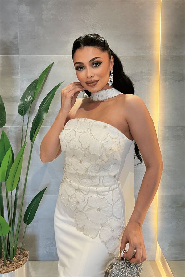 Double Kumaş Straplez Şal Detaylı Kalem Elbise - BEYAZ - 3