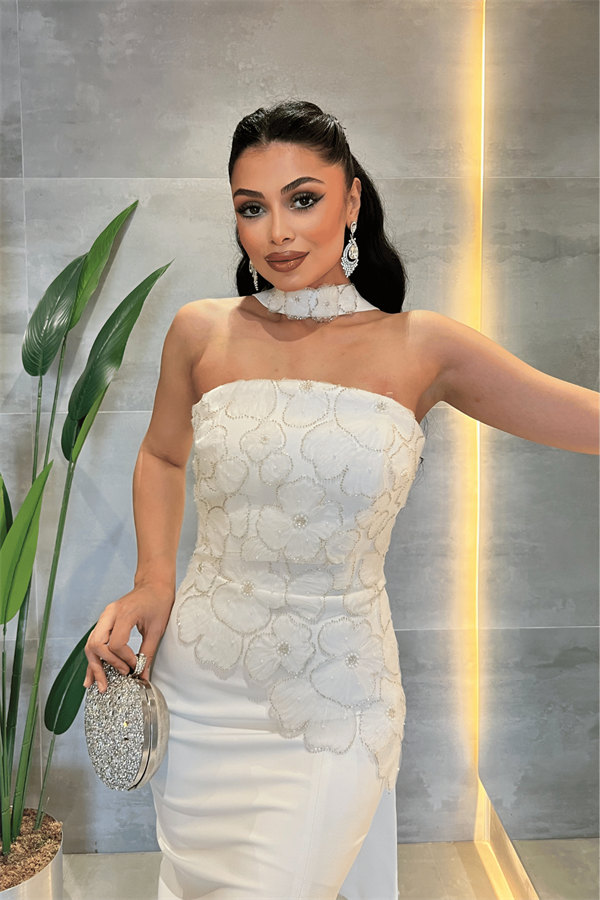 Double Kumaş Straplez Şal Detaylı Kalem Elbise - BEYAZ - 4