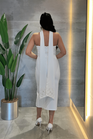 Double Kumaş Straplez Şal Detaylı Kalem Elbise - BEYAZ - 5