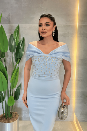 Double Kumaş Taş Detaylı Kayık Yaka Kalem Elbise - BEBE MAVİSİ - 3