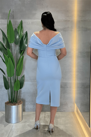 Double Kumaş Taş Detaylı Kayık Yaka Kalem Elbise - BEBE MAVİSİ - 5