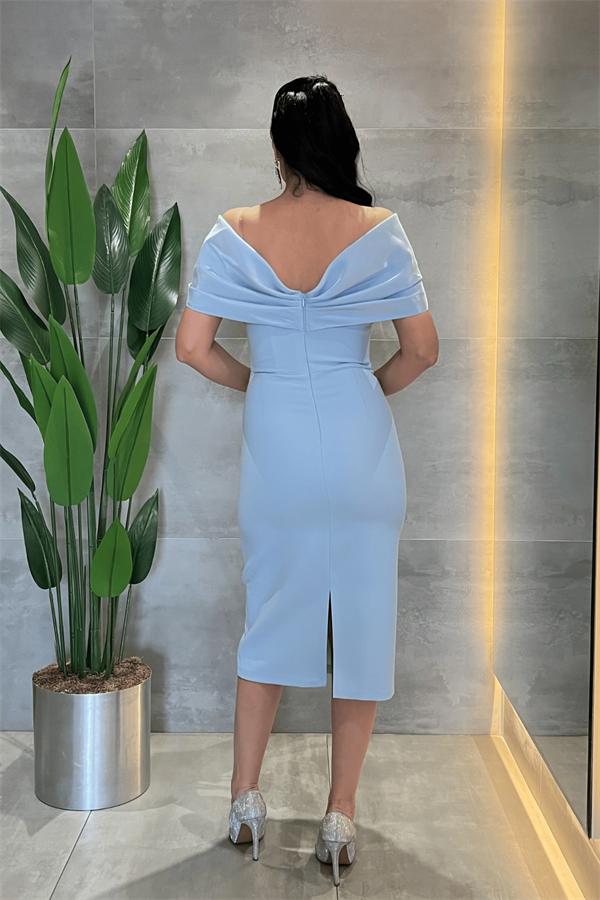 Double Kumaş Taş Detaylı Kayık Yaka Kalem Elbise - BEBE MAVİSİ - 5