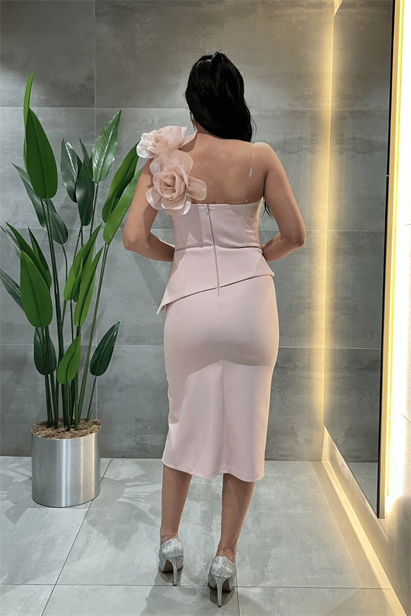 Double Kumaş Tek Kol Gül Detaylı Kalem Elbise - PUDRA - 5