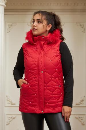 Droplu Kadın Büyük Beden Kırmızı Kapitone Yelek - RMG