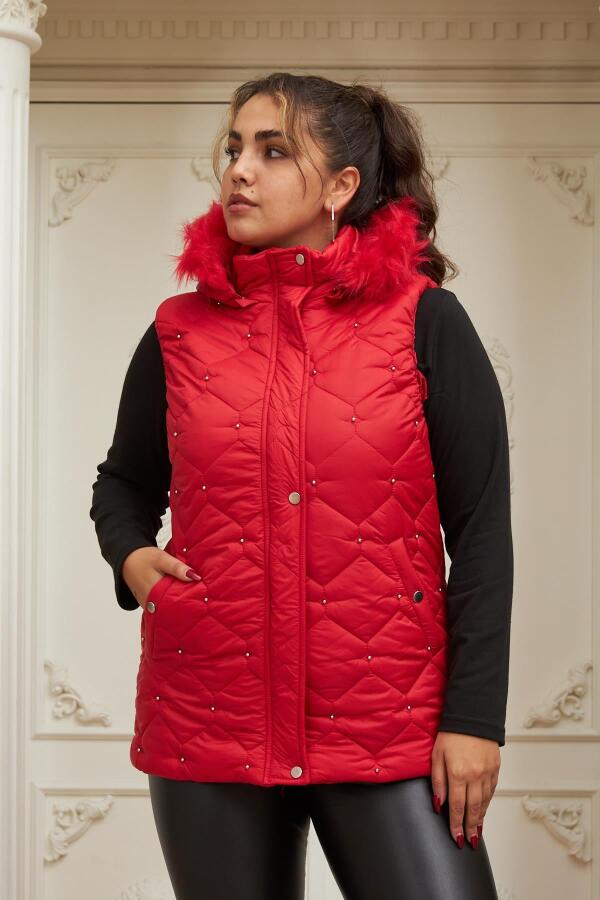 Droplu Kadın Büyük Beden Kırmızı Kapitone Yelek - 1