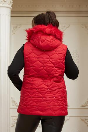 Droplu Kadın Büyük Beden Kırmızı Kapitone Yelek - 4