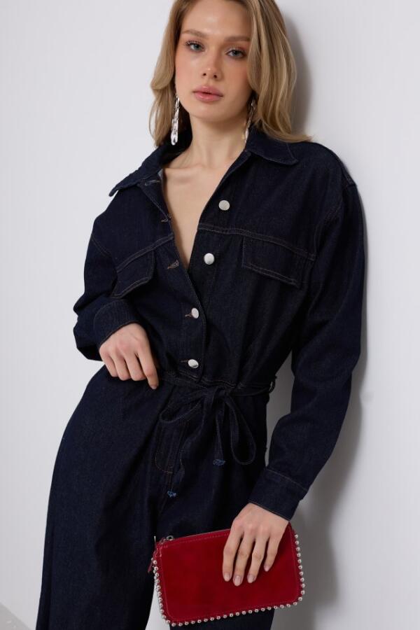 Düğme Detaylı Denim Tulum - 1