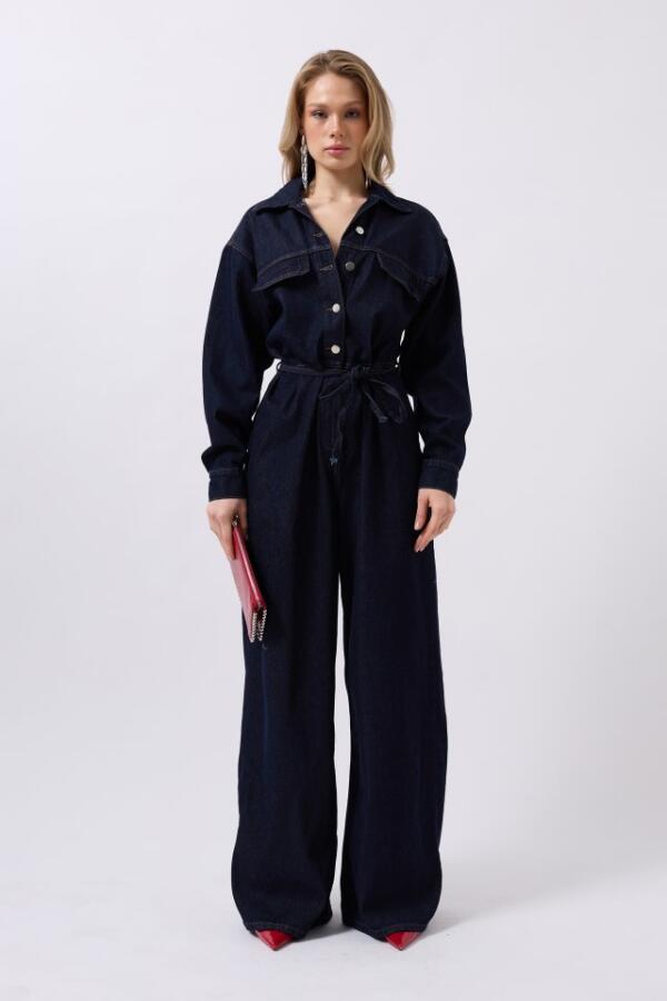 Düğme Detaylı Denim Tulum - 2