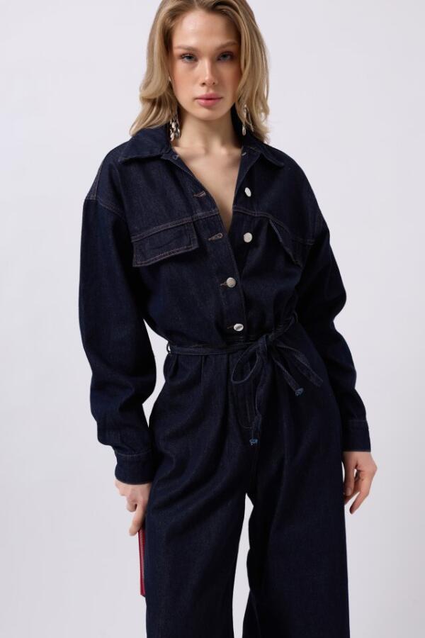 Düğme Detaylı Denim Tulum - 3