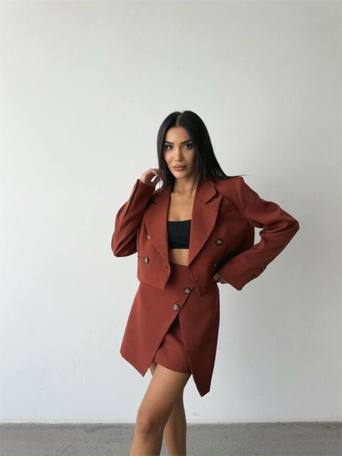 DÜĞME DETAYLI ETEK - CROP CEKET TAKIM - Kiremit - 1