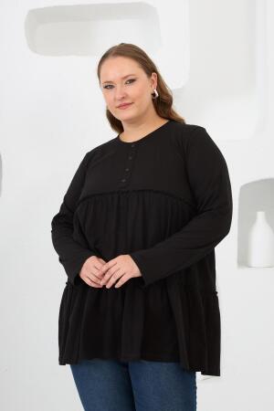 Düğme Detaylı Fırfırlı Büyük Beden Tunik Siyah - 4