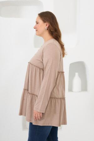 Düğme Detaylı Fırfırlı Büyük Beden Tunik Vizon - 3