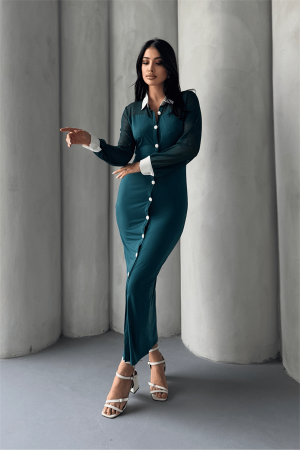 Düğme Detaylı Tül Elbise - ZÜMRÜT YEŞİL - EİPOM