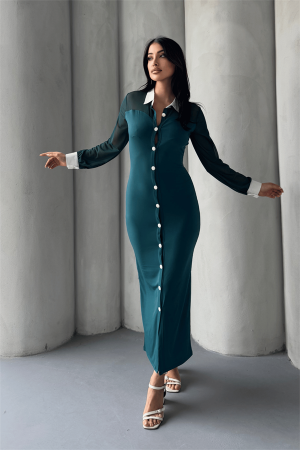 Düğme Detaylı Tül Elbise - ZÜMRÜT YEŞİL - EİPOM (1)