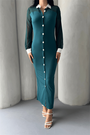 Düğme Detaylı Tül Elbise - ZÜMRÜT YEŞİL - 3