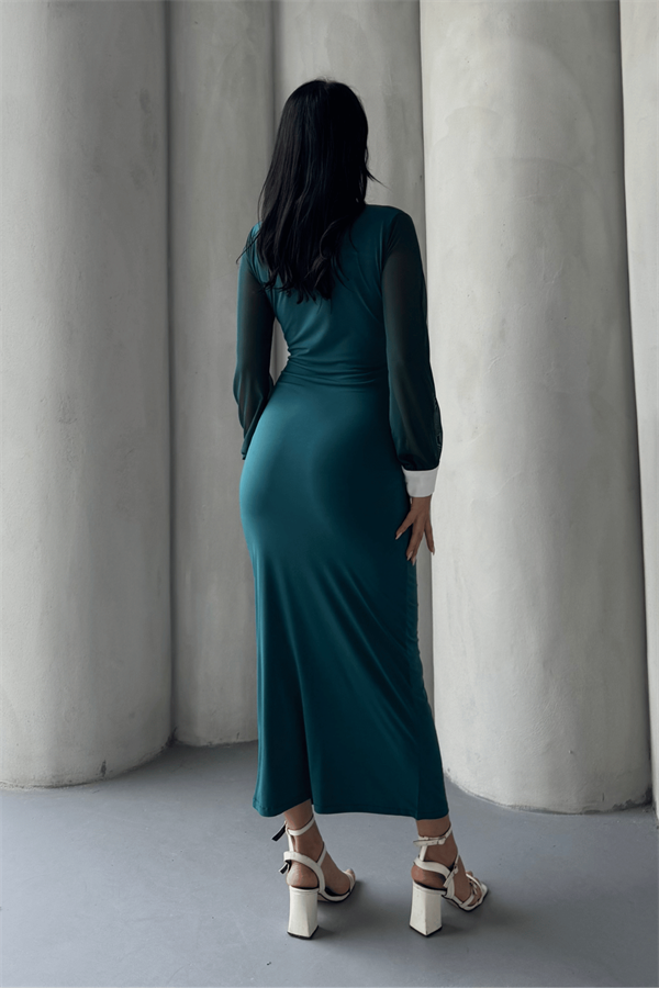 Düğme Detaylı Tül Elbise - ZÜMRÜT YEŞİL - 4