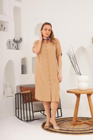 Düğmeli Kol Detaylı Büyük Beden Vizon Elbise - RMG