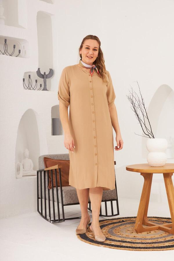 Düğmeli Kol Detaylı Büyük Beden Vizon Elbise - 3