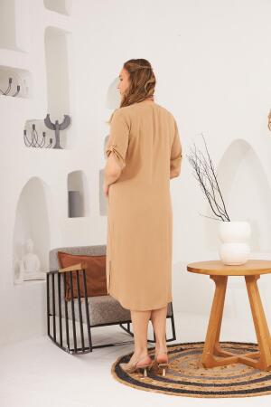 Düğmeli Kol Detaylı Büyük Beden Vizon Elbise - 5