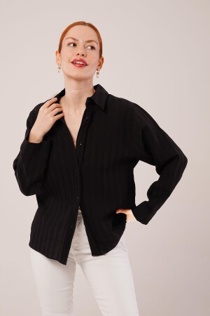 Düğmeli Ve Çizgi Detaylı Siyah Gömlek - ANGELINO BuyukBedeniz