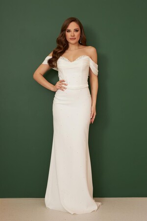 Ecru Crepe Pearl Embroidered Long Prom Dress & Wedding Dress - 3