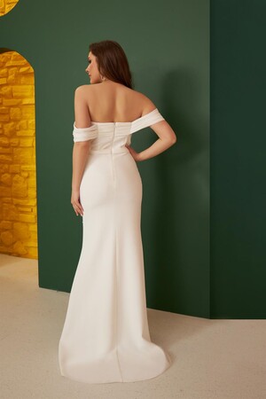 Ecru Crepe Pearl Embroidered Long Prom Dress & Wedding Dress - 4