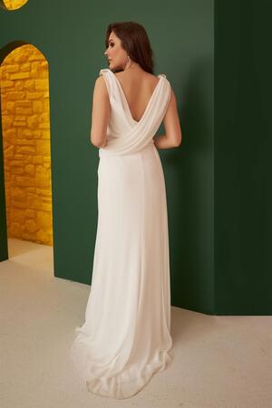 Ecru Chiffon Shoulder Stone Long Wedding Dress - 4