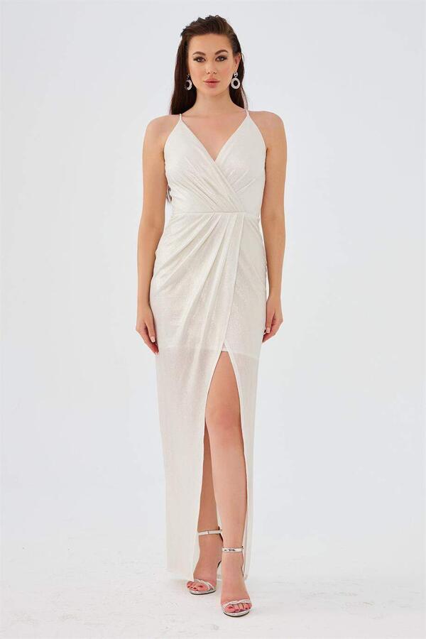 Ecru Lacquered Chiffon Double Breasted Slit Evening Dress - 1