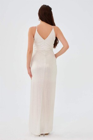 Ecru Lacquered Chiffon Double Breasted Slit Evening Dress - 4