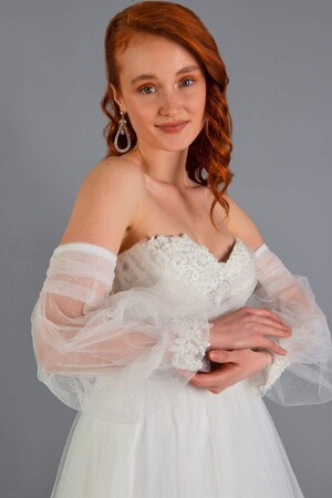 Ecru Tulle Low Sleeve Engagement Evening Dress - 2