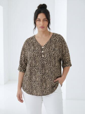 Ekose Desenli Kadın Büyük Beden Bluz Leopar - 1