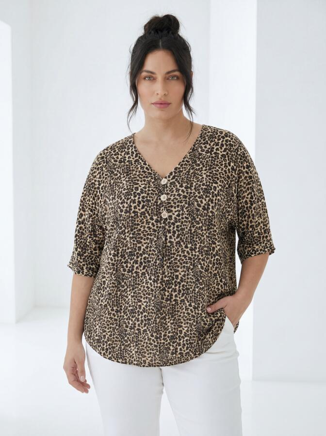 Ekose Desenli Kadın Büyük Beden Bluz Leopar - 1